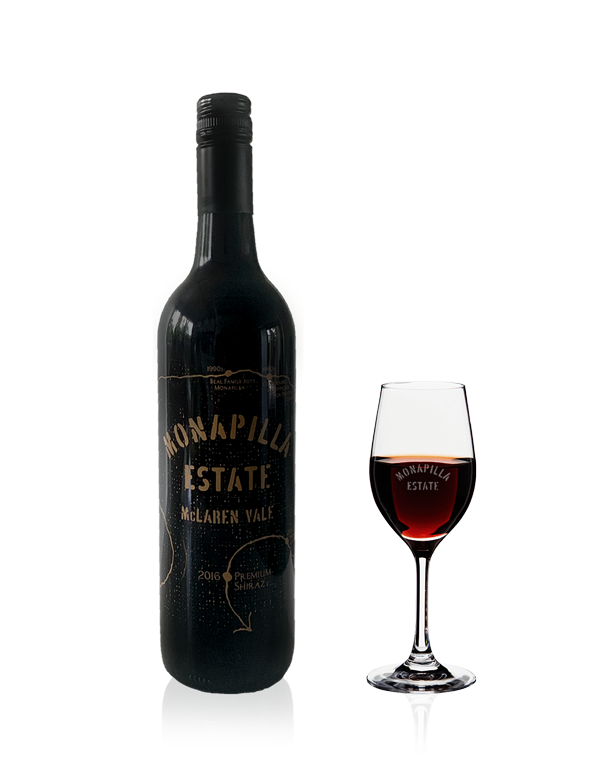 A bottle and glass of Monapilla Estate Shiraz